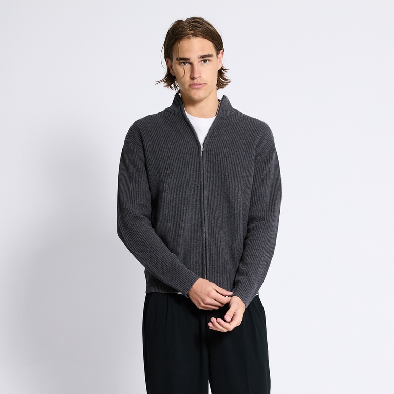 Zip knit cardigan "Frippe" Dk Grey melange